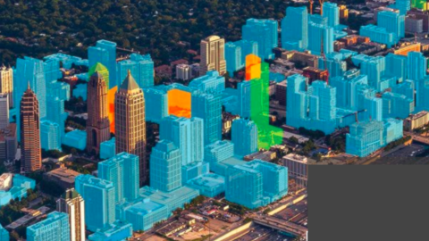 An image showing context for a new high-rise district in Atlanta that's taken shape in recent years, shown in blue and orange and green shapes.