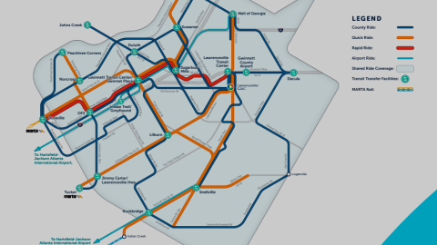 A diagram showing transit routes on a county map in suburban Atlanta on a white backdrop.