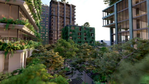 A rendering of a large development in Atlanta with several tall new buildings around a plaza and many plants on buildings. 