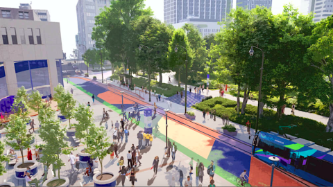 A rendering showing planned changes to a park area of downtown Atlanta with many trees and a streetcar.