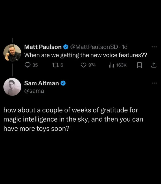 Sam Altman responds to a user asking for the promised voice features with extreme pettiness. "how about a few weeks of gratitude for magic intelligence in the sky, and then you can have more toys soon?"