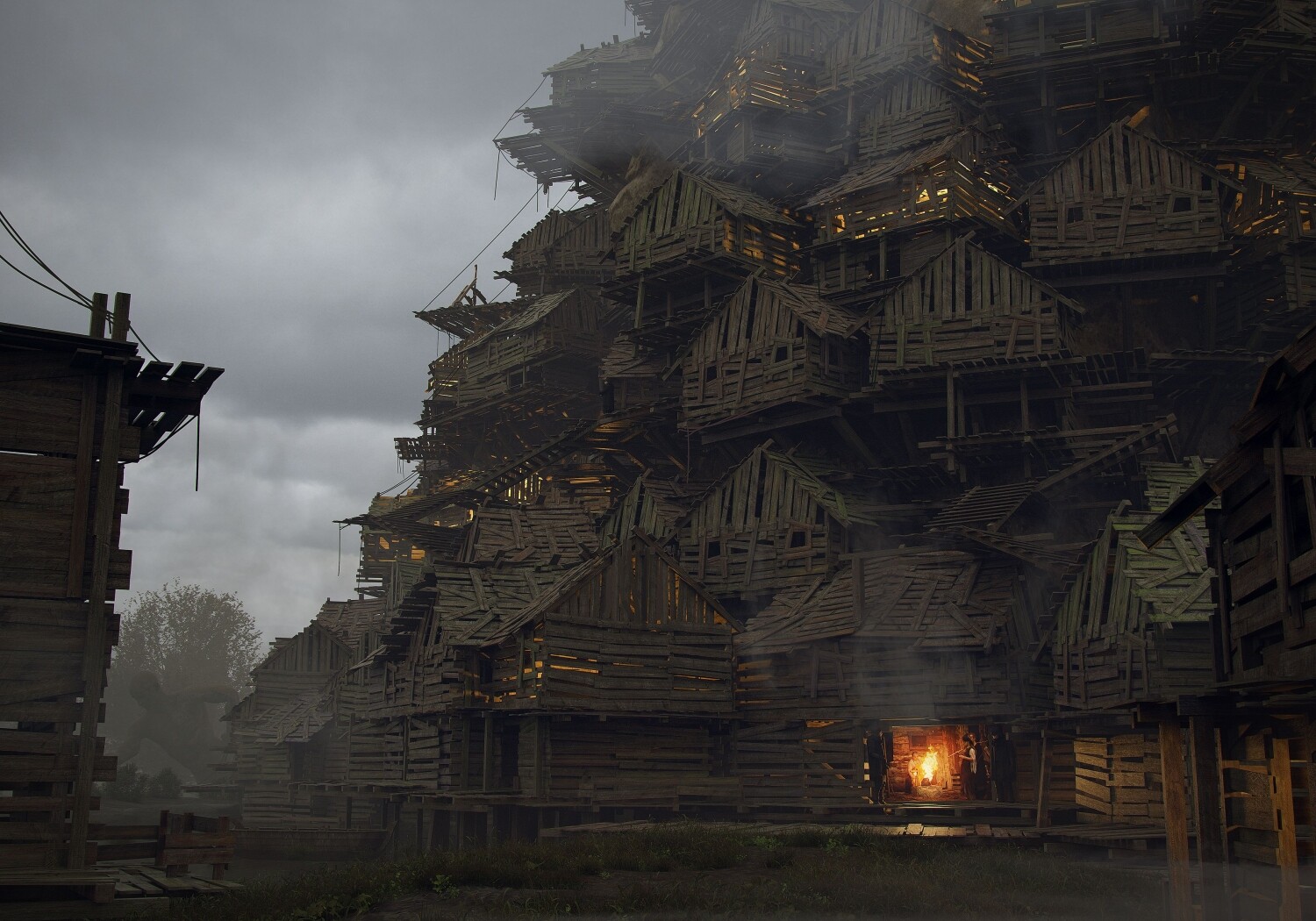 slightly more zoomed in view of a dilapidated and ramshackle pile of wooden houses and shacks, with a campfire in one of the bottom levels