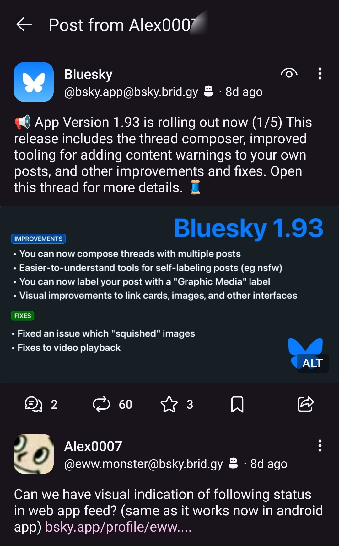 Mastodon reply from a briged Bluesky user replying to the official Bluesky account, also bridged