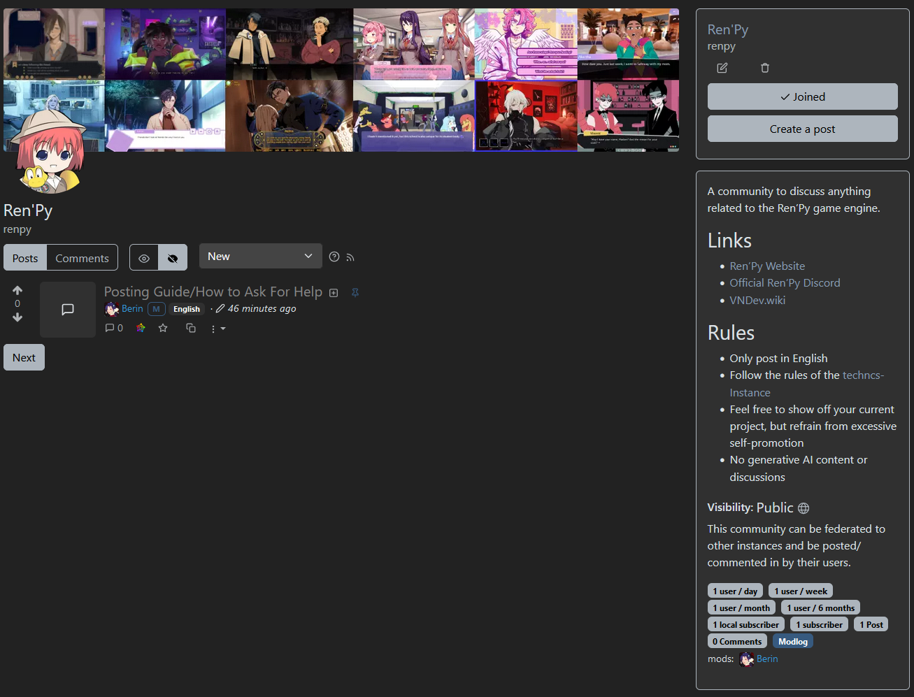 Screenshot of the brand-new (and mostly empty) Ren'Py Lemmy community page.