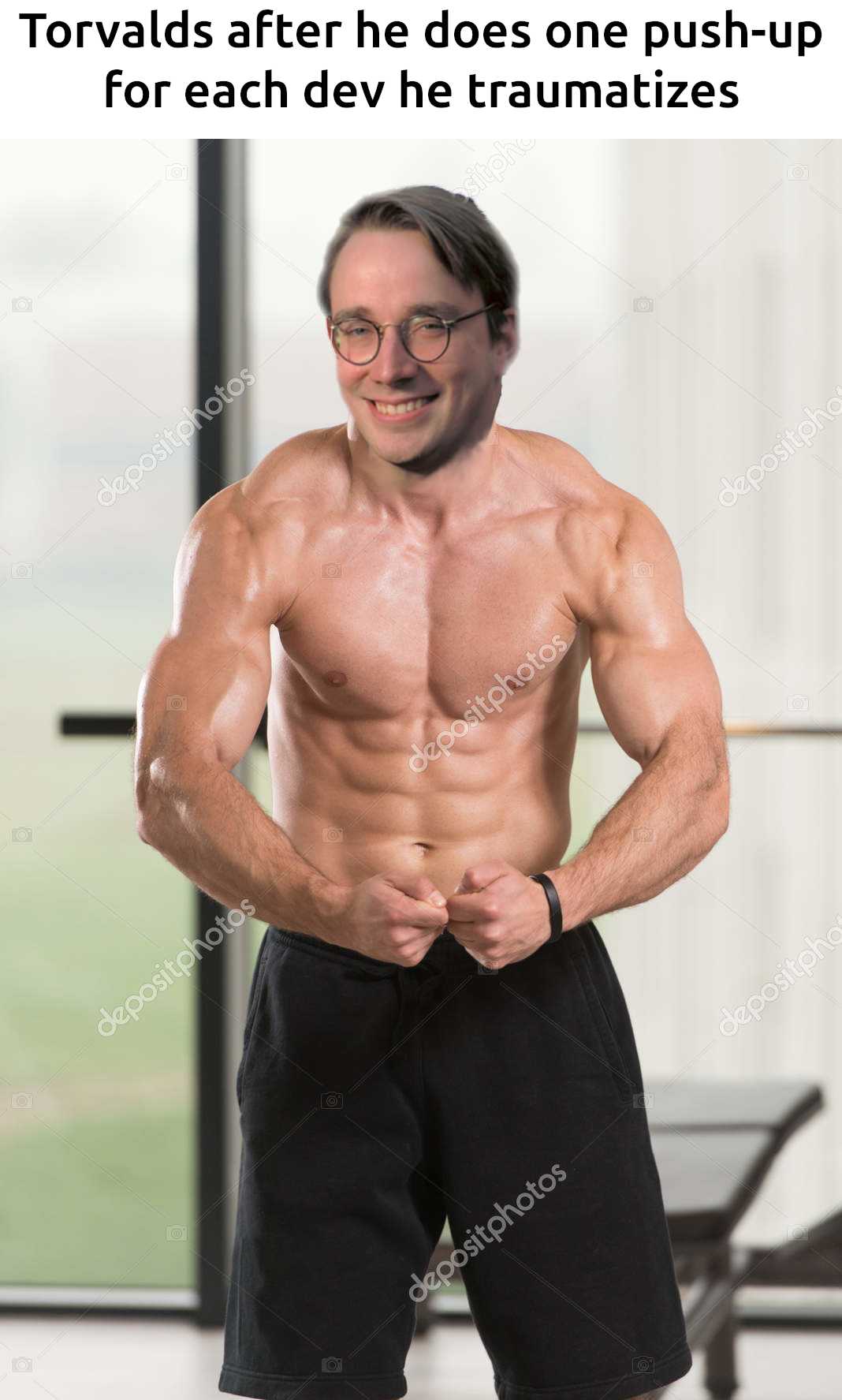 Torvalds after he does one pushup for each dev he traumatizes: a picture of a very strong guy with torvalds's face gimped on him