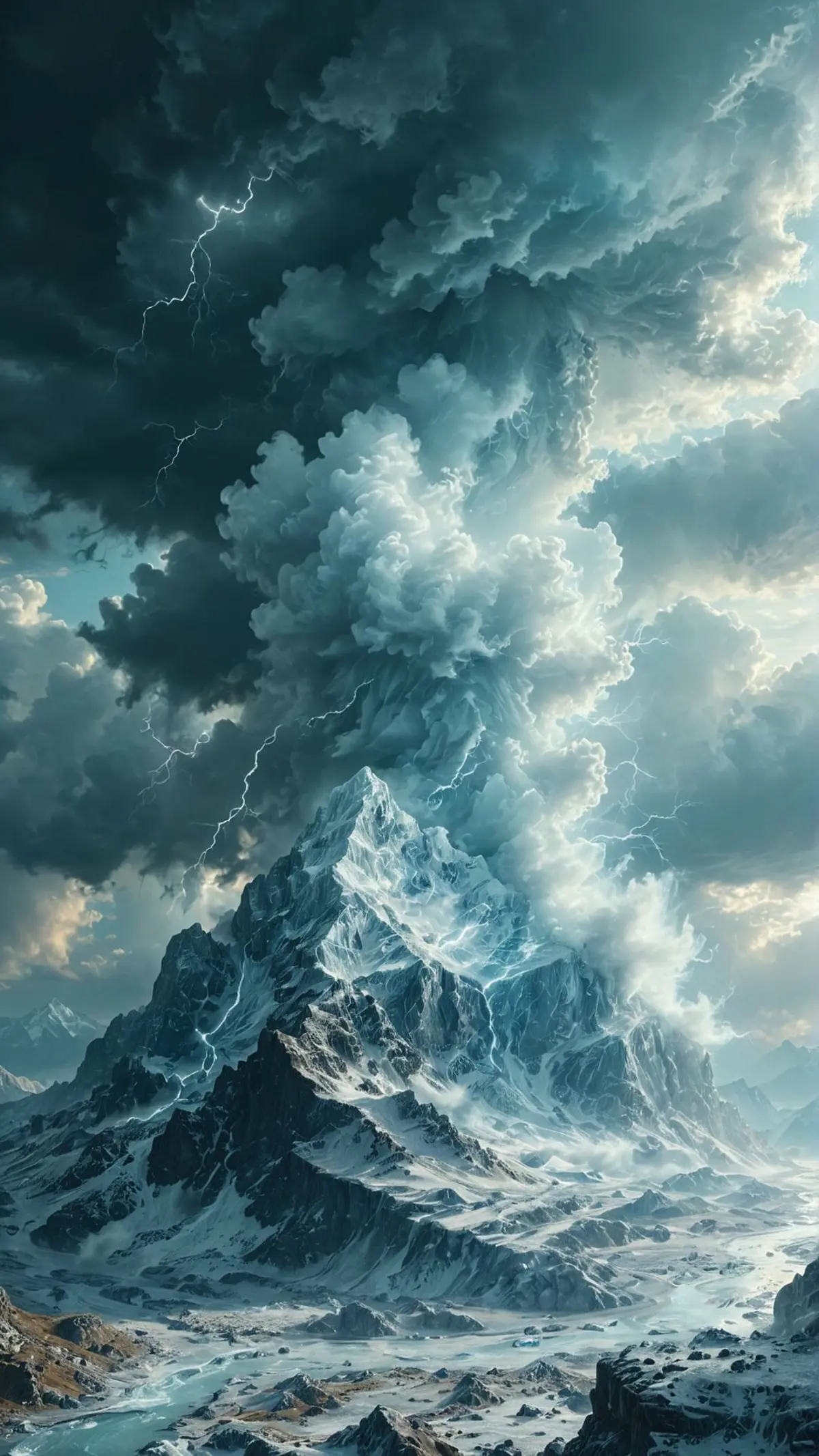 A towering mountain with sharp, snow-covered peaks piercing through a tumultuous sky filled with dark, swirling clouds. Powerful lightning bolts cuts through the scene, adding a sense of raw energy and natural power to the already intense atmosphere of the setting. 