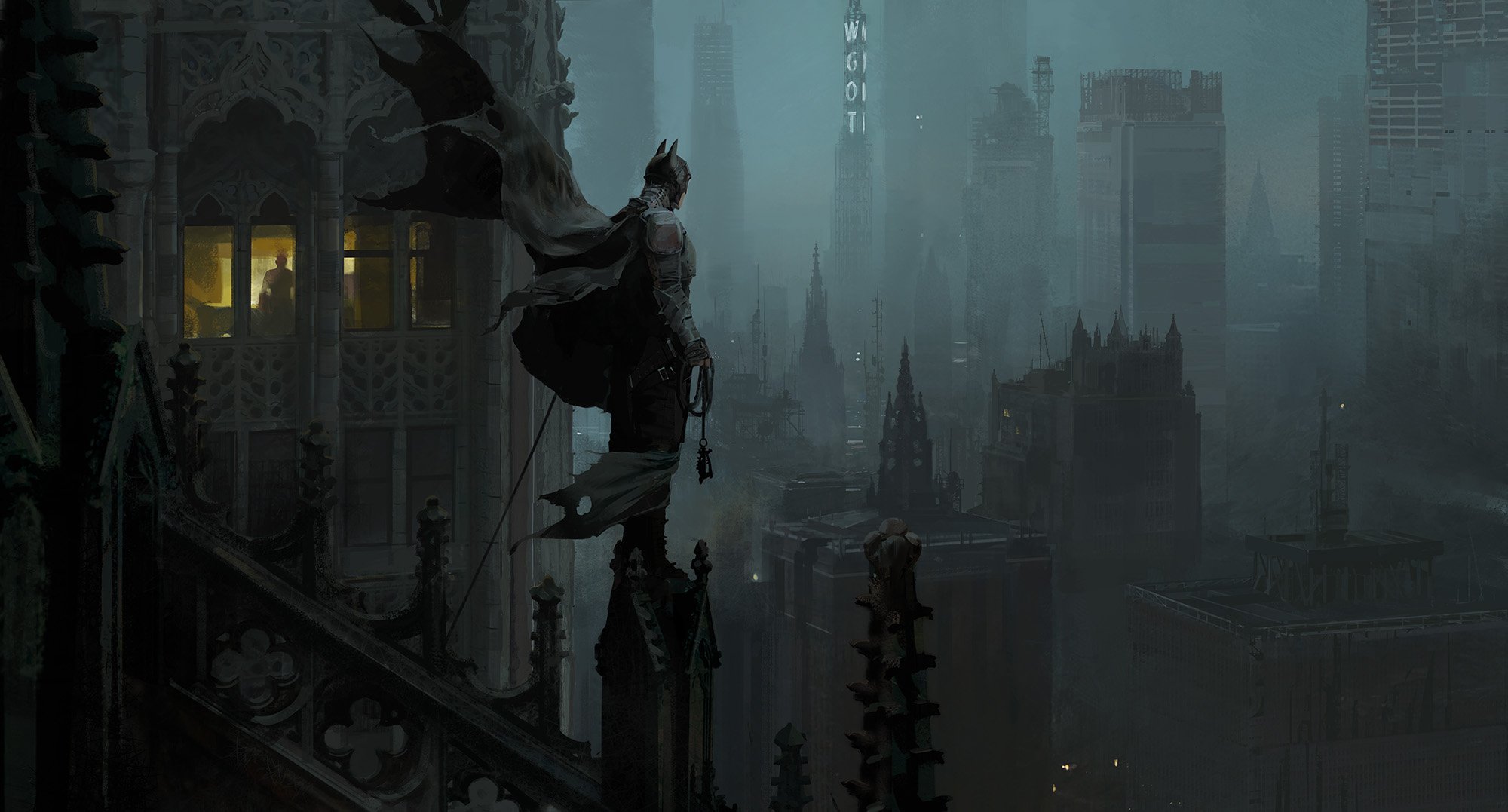 batman standing moodily on some gothic buttresses, staring at a smog-filled gotham