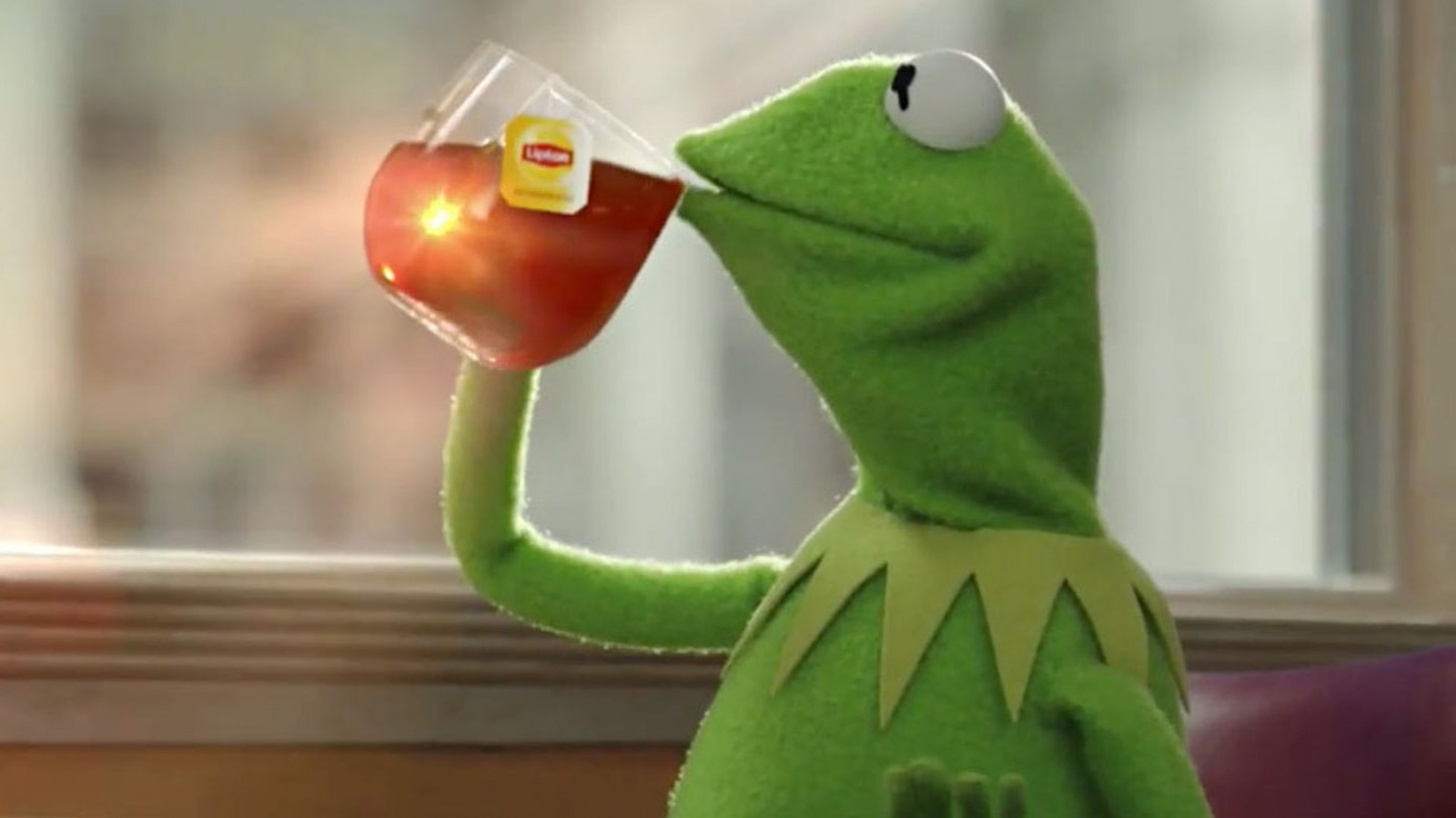 kermit, the Jim Henson muppet, drinking Lipton tea, an image popularized by a reddit caption meme from the 2010s whose punchline was always “but that’s none of my business”