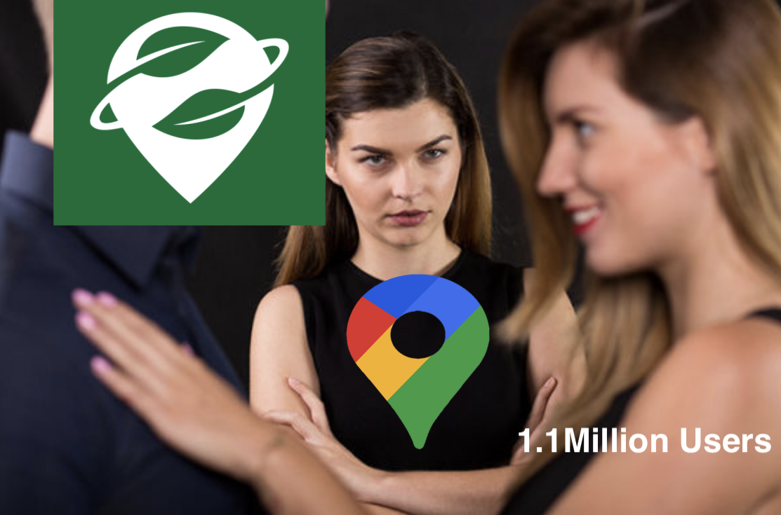 Women in black dress representing Google Maps is jealous that the other woman is more interested in the man who represents Organic Maps putting her hands on his chest.