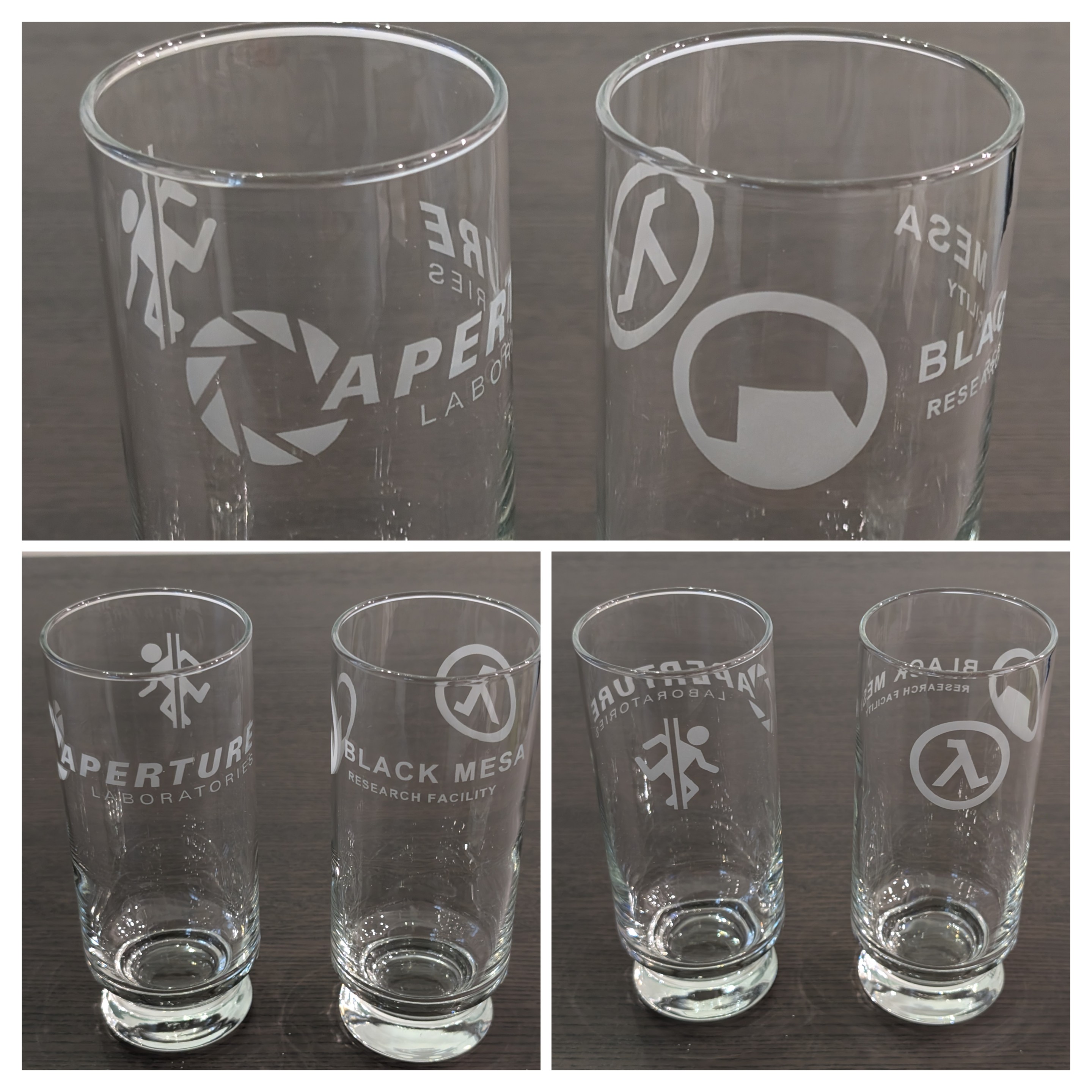 Etched glasses with Black Mesa and Aperture Labs logos on them.