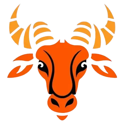 an icon of a wildebeest, in orange-red, black and white colors