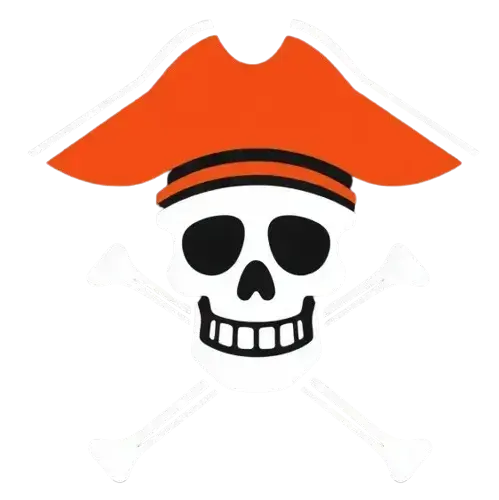 an icon of pirate jolly roger skull wearing a hat, in orange-red, black and white colors