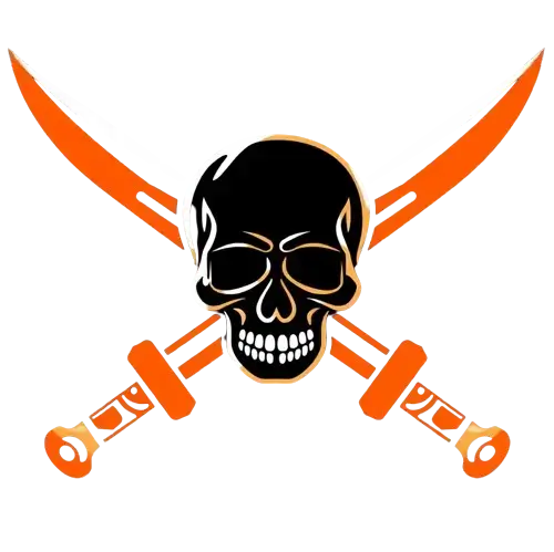 An icon of two crossed cutlasses with a skull in the center in orange-red, black and white colors