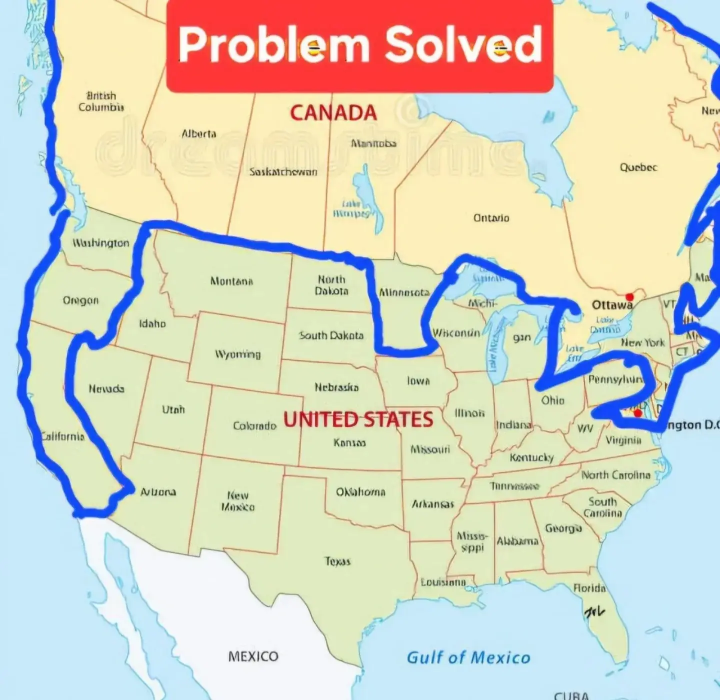 Map where Democrat states have been given to Canada