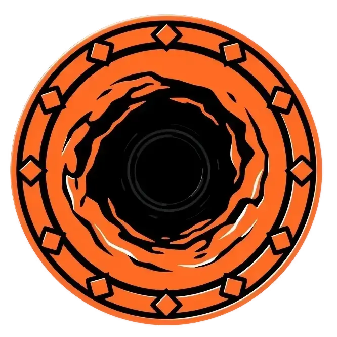 An icon of a doubloon with a black hole in the center in orange-red, black and white colors