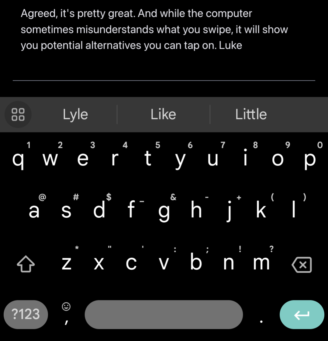 example of swipe keyboard showing alternative words