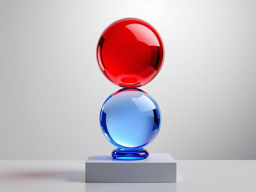 A red ball balancing on a blue ball balancing on a squashed blue ball balancing on a white square  pedestal.