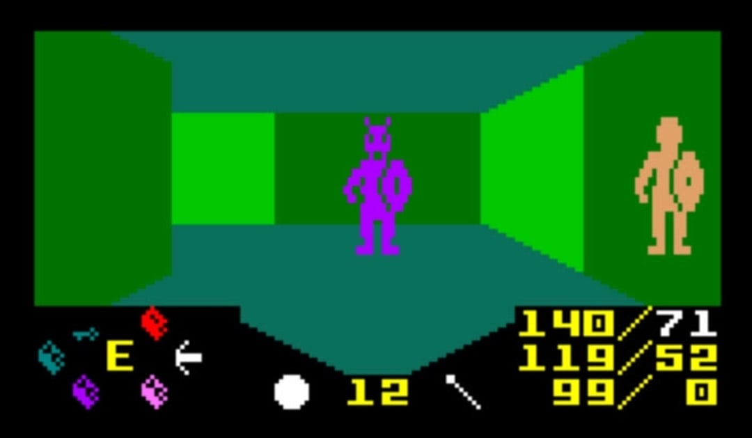 Very basic not even 3d walls graphics with a figure standing. Arbitrary numbers provide HP as there is no armour. Spells, bows, or attacks were more complex though.Very bright colours with no shading; Mintotaur was Purple