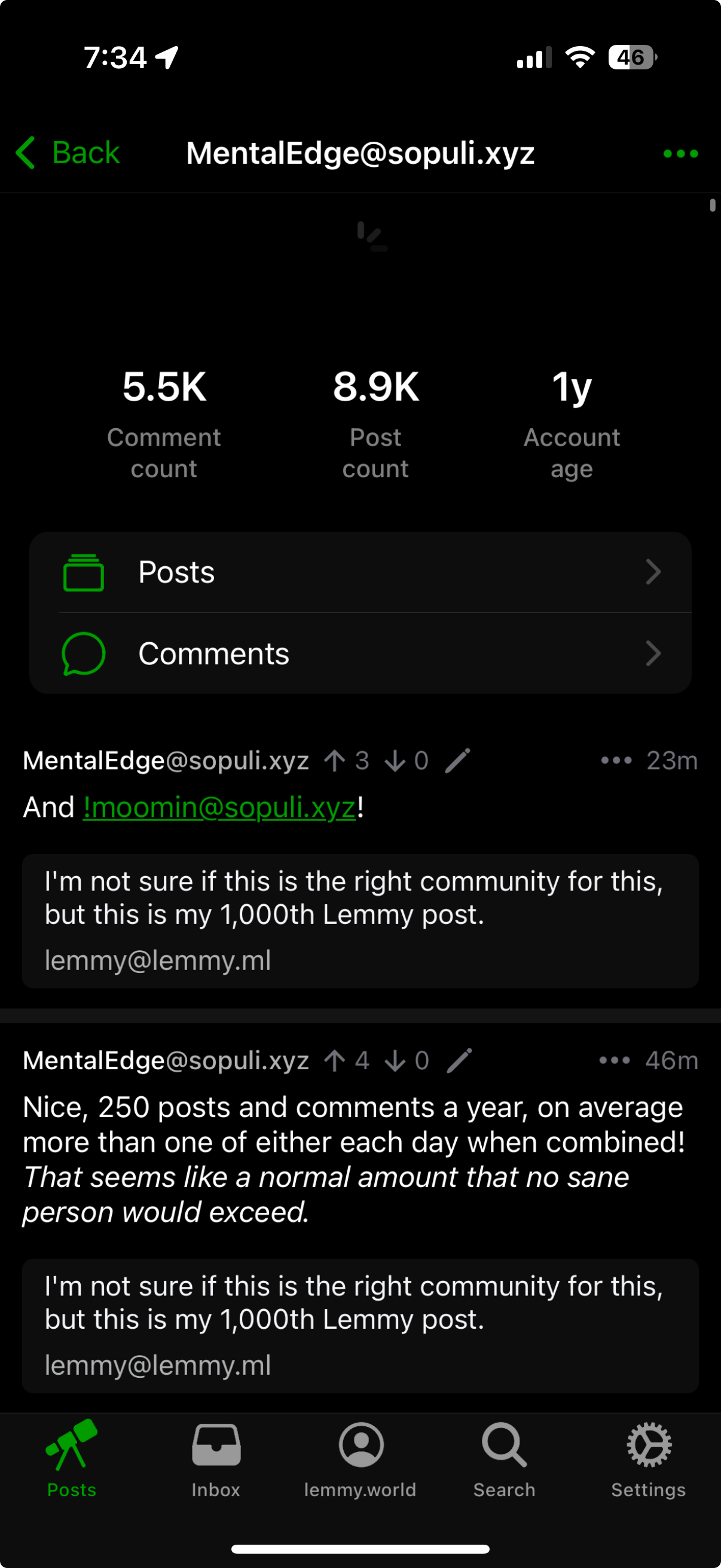 Screenshot of @MentalEdge@sopuli.xyz’s comment and post count of 5.5k and 8.9k, respectively, and 1y account age