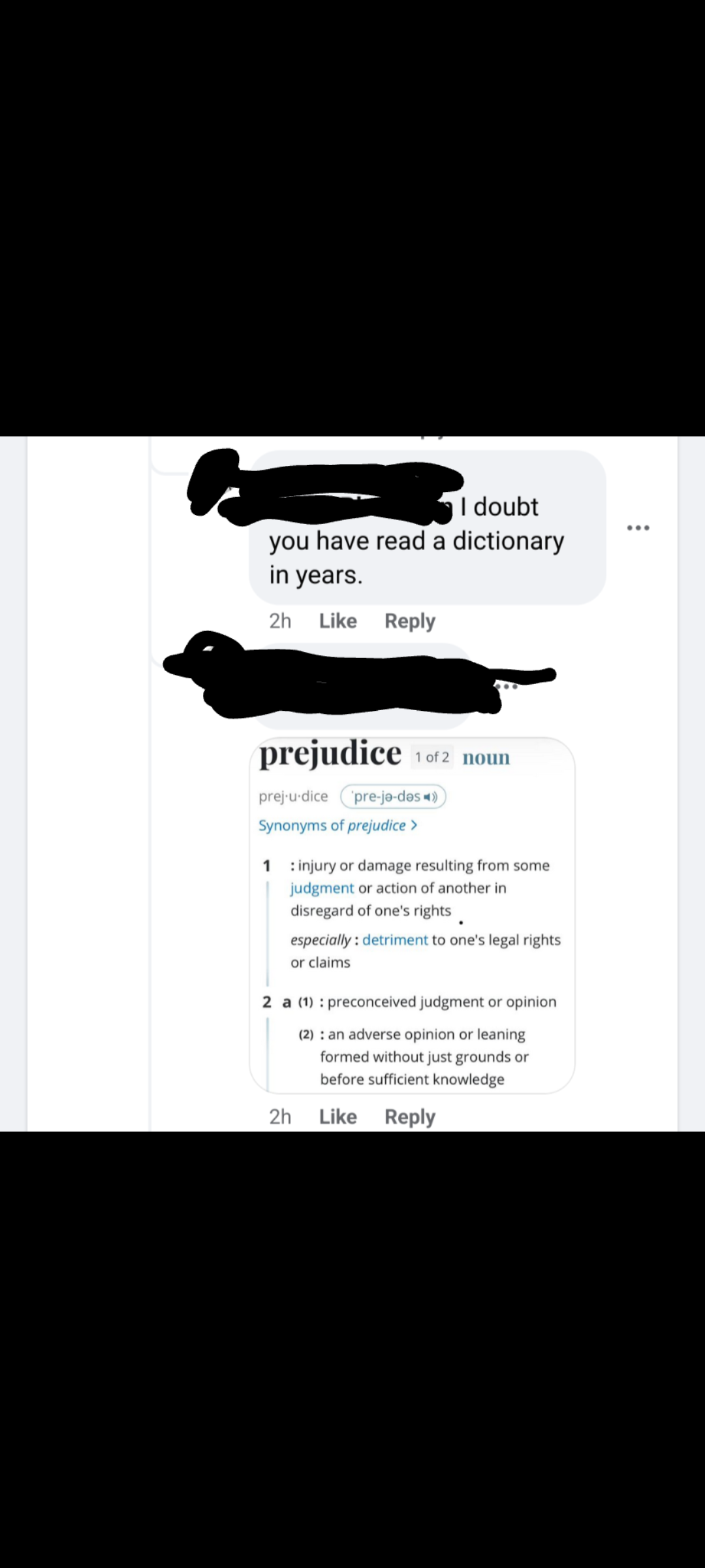 Two Facebook comments from a person confidently incorrect in defining prejudice and racism. The first comment reads, "I doubt you have read a dictionary in years." The second comment is simply a screenshot of the dictionary entry for "prejudice."