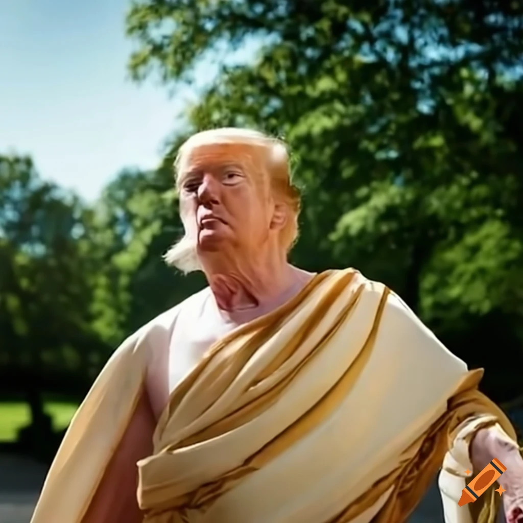 Craiyon generated photo with prompt "President Trump dressed to match Julius Caesar in bright noon sunlight looking upward"