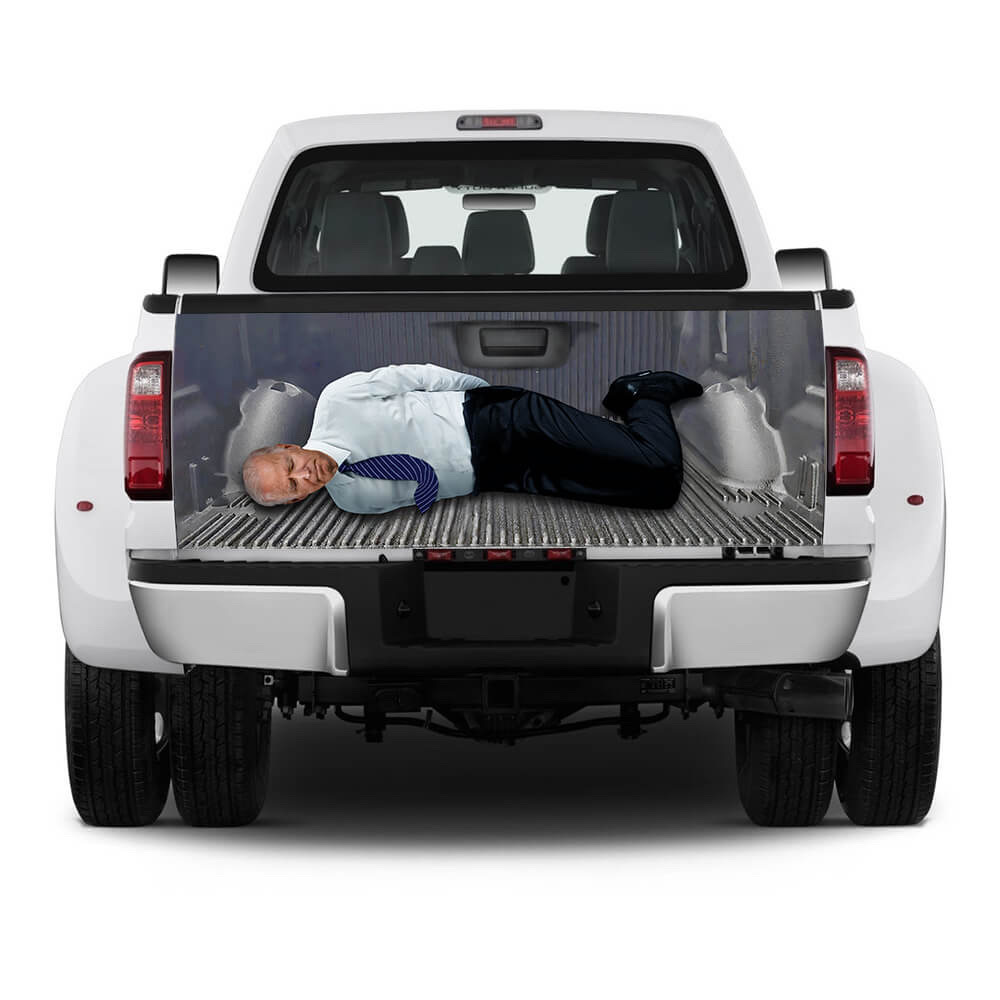 truck gate decal depicting President Biden tied up in the bed of the truck