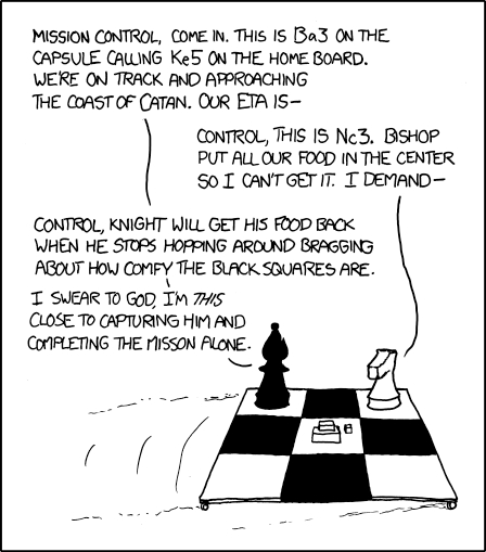 We're going to have to work together to get over our hangups if we're going to learn to move on Catan's hexagonal grid. It's bad enough that we lost our crew of pawns when we passed within firing range of Battleship.