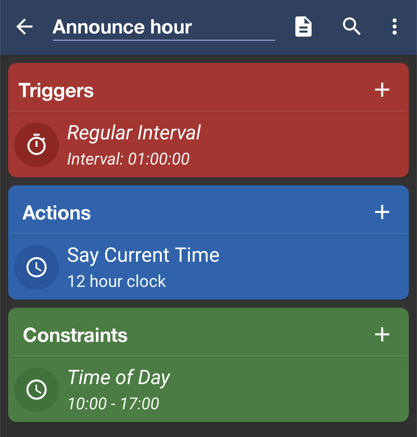 Screenshot of Macrodroid macro showing blocks 'regular interval (every 1 hour)',  'say current time (12-hour clock)',  'constraint current time between 10:00 and 17:00'