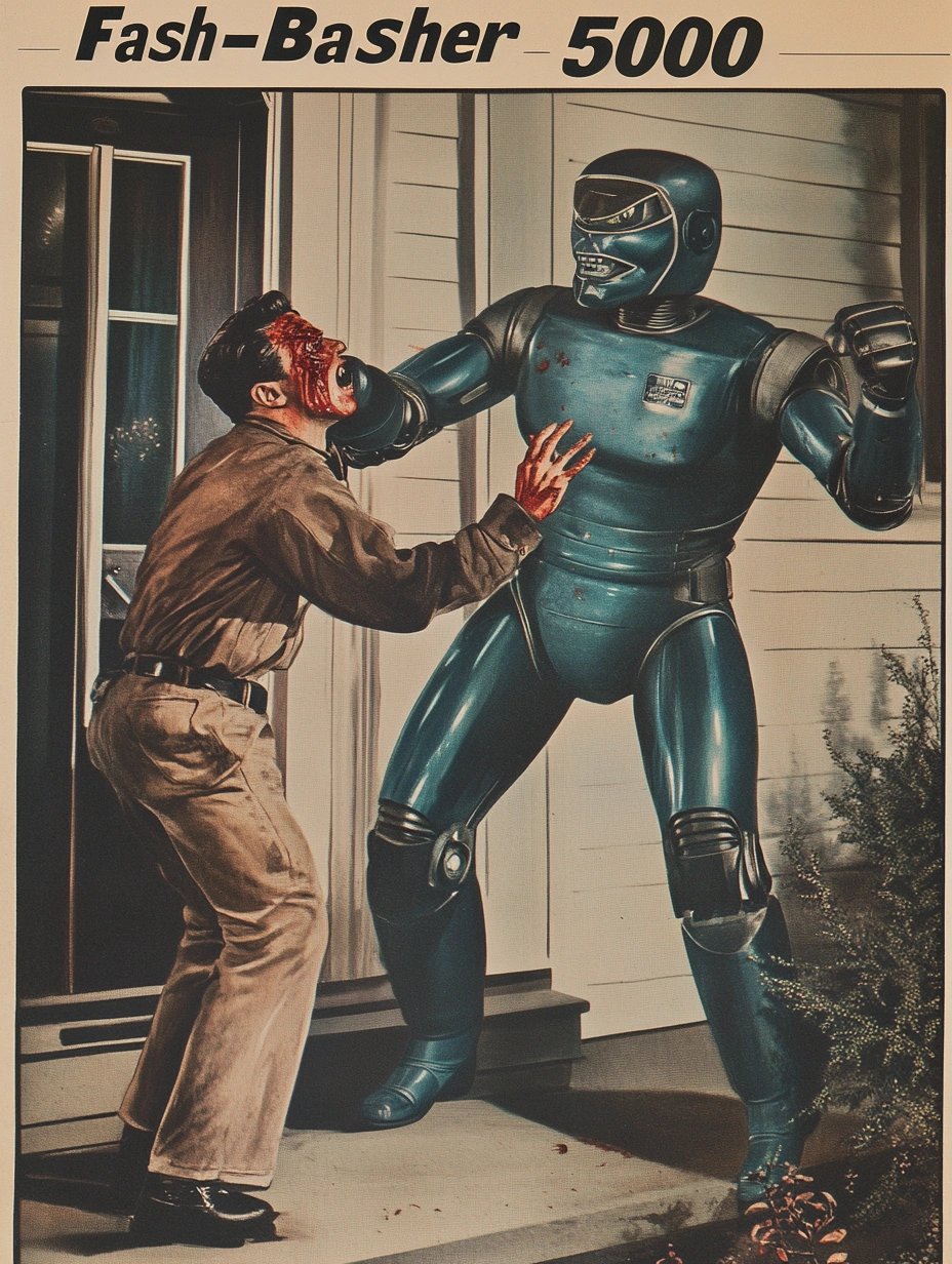 A big atom-punk style robot beating up a brown-shirt fascist. 