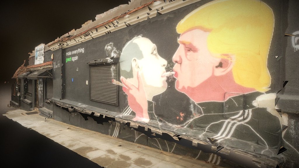 Trump kissing Putin, painted mural on a wall