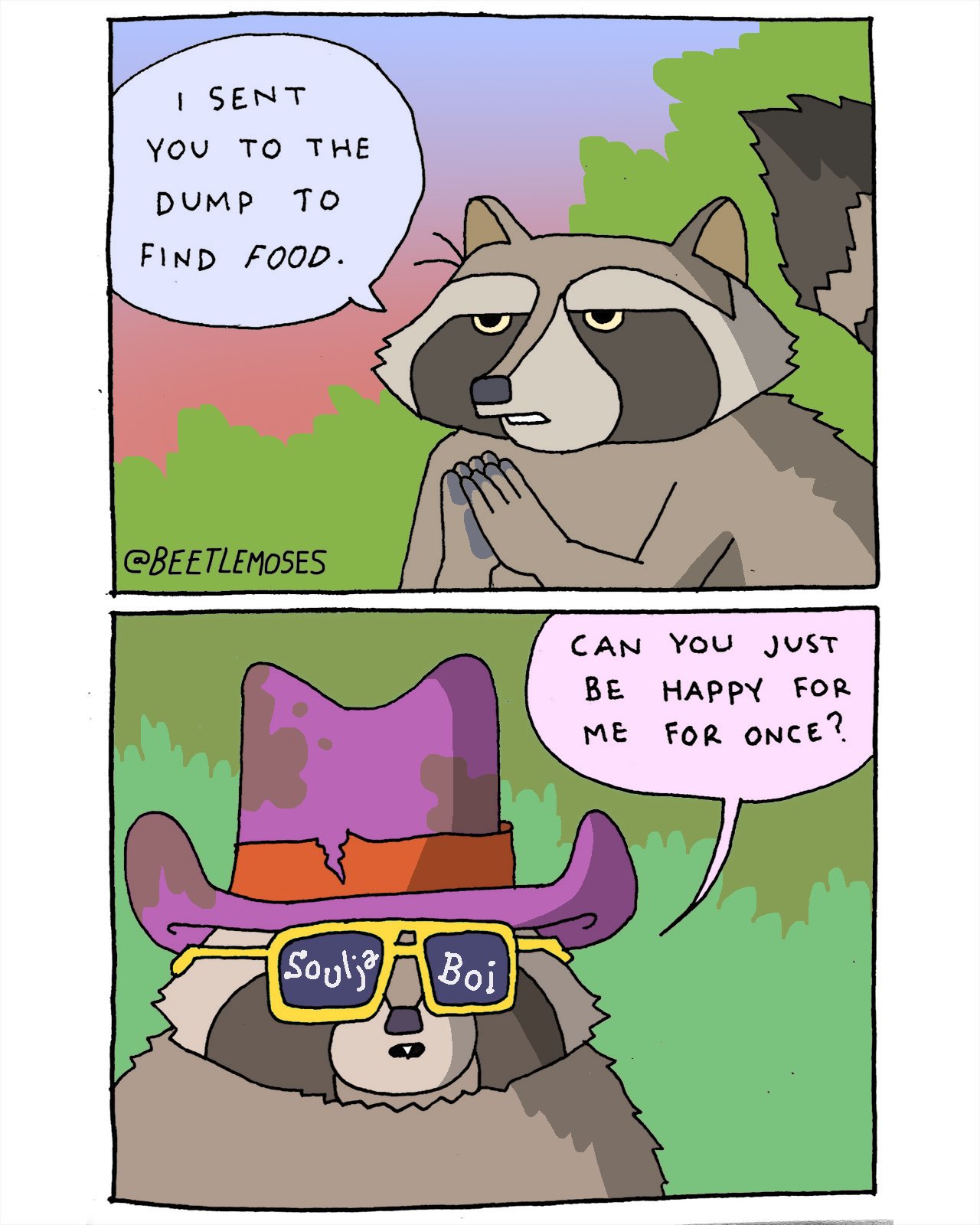 Cartoon of a racoon getting in trouble for bringing swag, not food