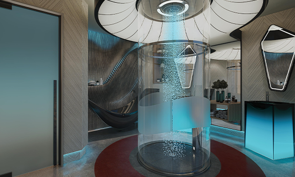 Concept art of a Star Trek-themed hotel room featuring a shower that is styled like a transporter pad.