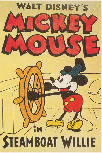 A color movie poster for the animation "Steamboat Willie" reading "Walt Disney's Mickey Mouse in Steamboat Willie." Mickey Mouse is depicted at the helm/wheel of the boat pretty much in the same pose as in the opening scene of the movie wearing a blue hat, red pants with yellow buttons, and yellow shoes. (But no gloves.)